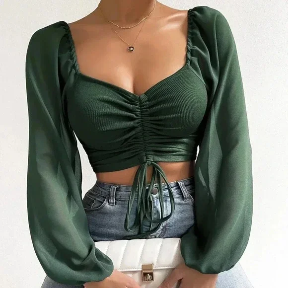 Dark Green Casual Women's Sweetheart Neck Drawstring Lantern Sleeve Crop Top - Picture 1 of 5